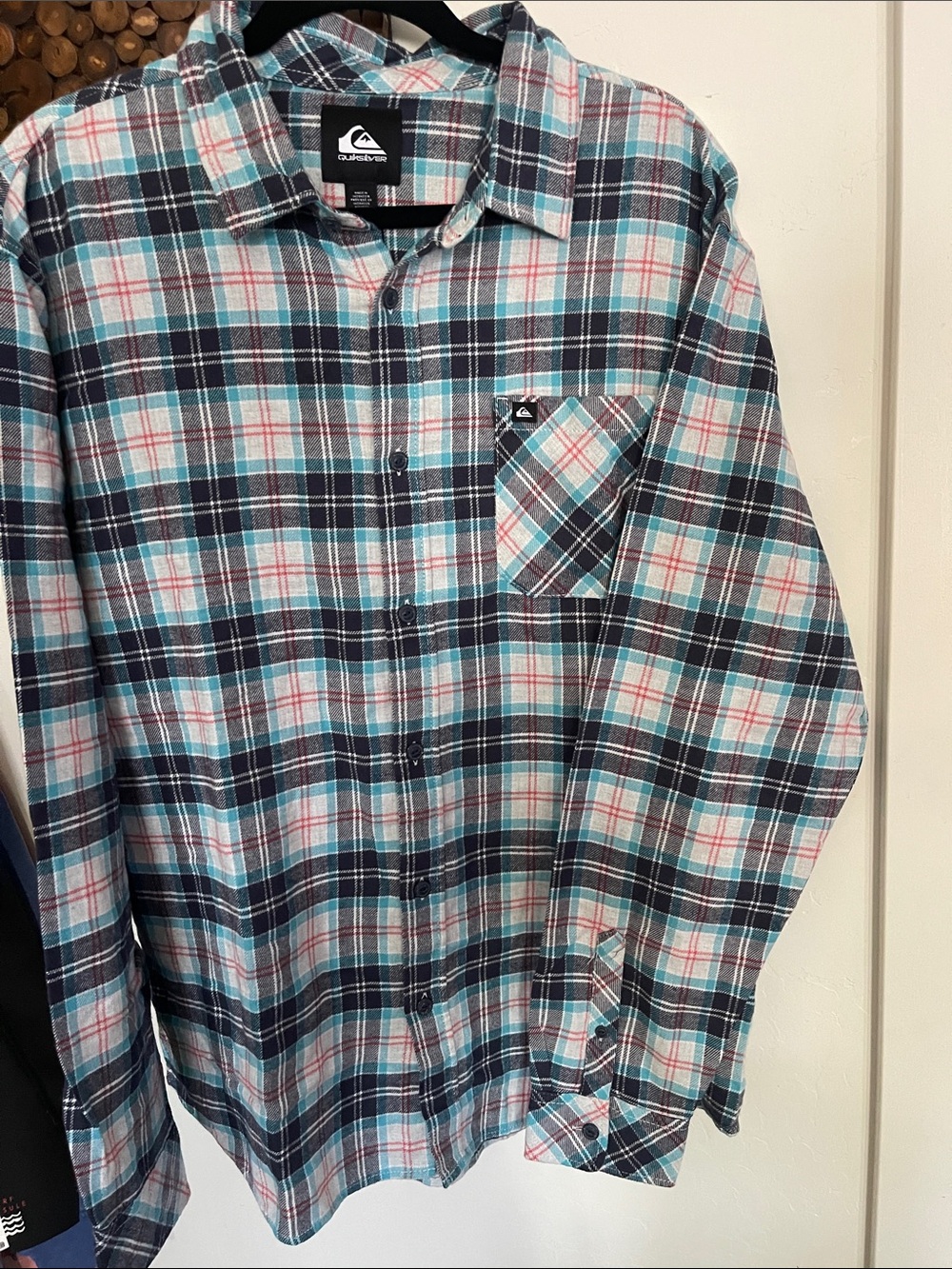 Quiksilver Teal, Navy & White Plaid Button-Down Shirt